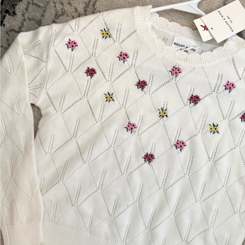 Willow & Wind Embroidered Pointelle Knit Sweater - White with Floral